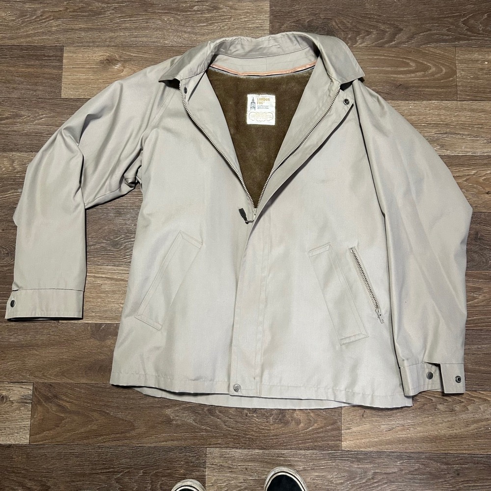 London Fog Jacket Mens L Tan Vintage Faux Fur Lined Harrington Windbreaker